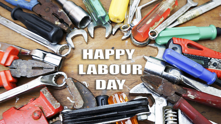 Construction equipment set with the words "HAPPY LABOR DAY"の写真素材
