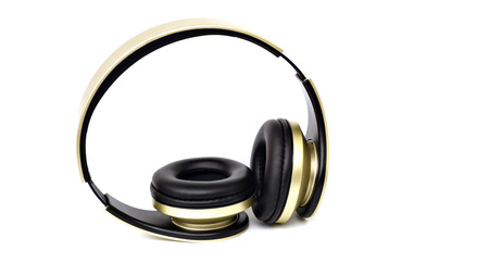 silver color head phones on isolatedの写真素材