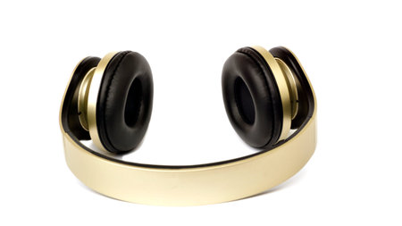 silver color head phones on isolatedの写真素材