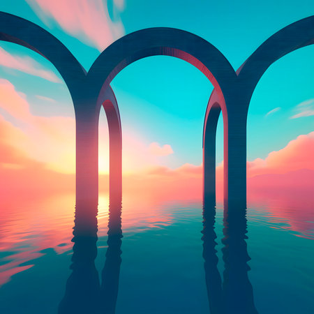 A beautiful shot of sea and a clear sky, 3d render of stage on sea. .Sea fantasy scenery features calm water, flat geometricの素材