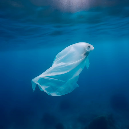 Plastic trash pollutes ocean. Fish living in plastic water bottle. The concept of pollution in the ocean. The concept of fighting for a clean ocean.の素材