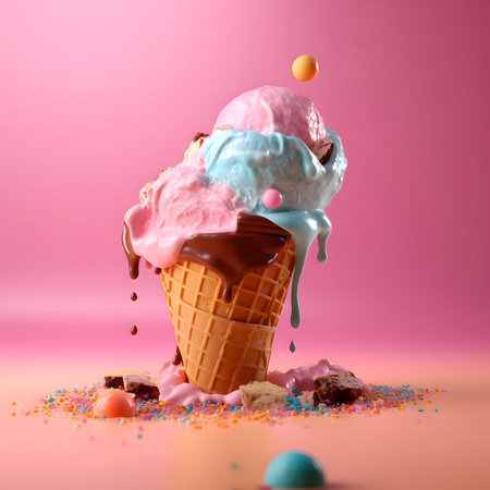 Delicious ice cream in waffle cone on pink backgroundの素材