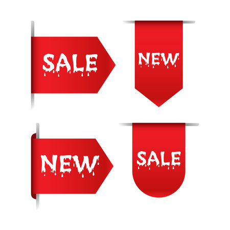 New red vector banners, ribbons or labels. Isolated sale, new corners, realistic discount promotional event shopping flags with curl edge eps file. New, sale badges or stickers.のイラスト素材