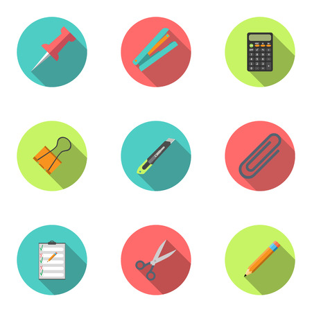 Modern flat icon vector illustration collection with long shadow. Stapler, scissors, clip, stationery knife, notebook, calculator, pencil, button, stationery set Symbol and object. Isolated on white background.のイラスト素材