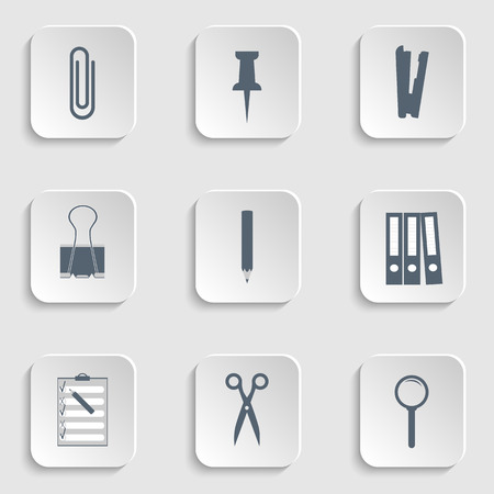 flat icon vector illustration collection: Paper clips, Stapler, push pin, Binder clip, Pensil, Scissors, magnify icon, loupe, lupa, Clipboard, Bindersのイラスト素材