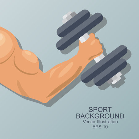 Hand of bodybuilder. Brawny arm with dumbbell isolated. Flat style. Logo. Sports emblem, icon.  Vector  illustration.のイラスト素材