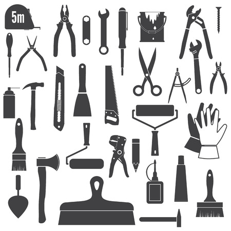 Tools Icons, repair tool. Set hand tools, silhouettes. Black icons isolated on white backgroundのイラスト素材