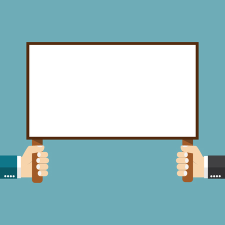 blank placard in hands of male, holding blank banner. Vector image for your text message or design. Flat styleのイラスト素材