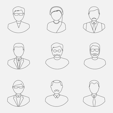 People outline. Set icons thin line. Faces men. Vector  illustrationのイラスト素材