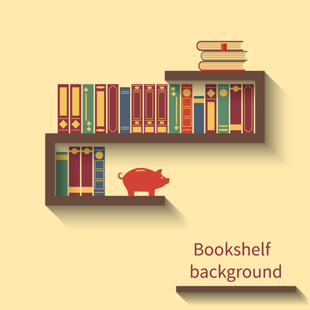 Bookshelf with books and piggy bank. Bookshelf in flat style with shadow. background reading. Vector illustrationのイラスト素材