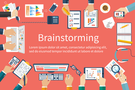 Brainstorming, vector flat design. Business meeting. Teamwork on planning planning strategy, analysis, marketing research, presentation, financial management. Group diversity people.のイラスト素材