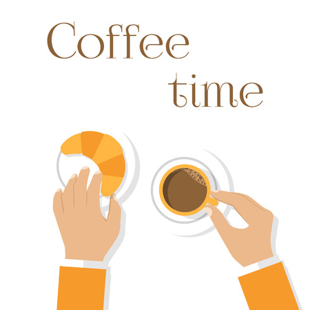 Coffee and croissants, hands man. Hands holding cup of coffee and croissants. Top view, close-up.  Flat design, vector. Breakfast. label concept menu. Template, banner. Hot coffee, fresh croissantのイラスト素材
