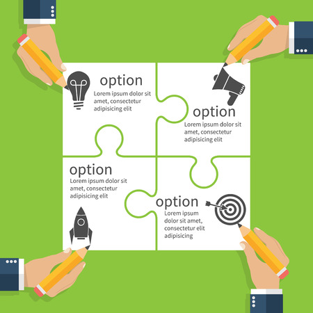 Business team planning project. Business concept. Business plan, strategy in form of puzzle with step description. Hands of men working on the project. Sleek design, vector.のイラスト素材