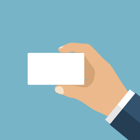 Man holding a blank card in his hand. Credit card, ID card. It can be used as a template for a credit card, identity card, place for text. Flat style vector.のイラスト素材