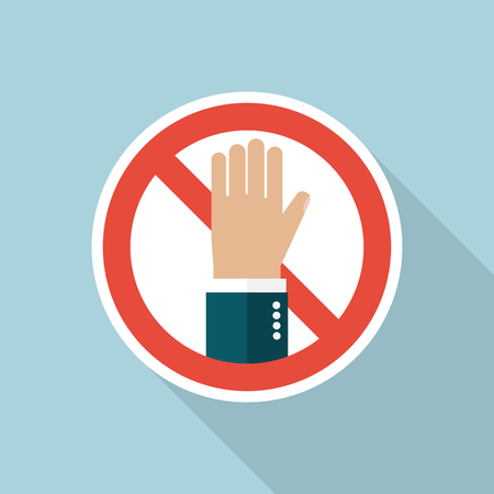 No entry hand sign. Stop vector sign. Stop flat hand. Prohibition sign. Warning, danger, forbidden. Prohibited activities. Flat design. Icon prohibiting sign with hand. Icon stop long shadow.のイラスト素材