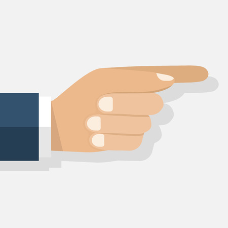 Point the finger. Direction. Hand man pointing. Flat design, vector Illustration. Point finger sign, icon. Press. Push. Pointer. Hand gesture. Touchscreen. Isolated hand pointing on a white backgroundのイラスト素材