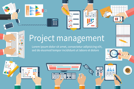 Project management concept. Business team work on projects. Brainstorming. Business meeting, planning strategy, analysis, marketing research, financial management.  Flat design, vector.のイラスト素材