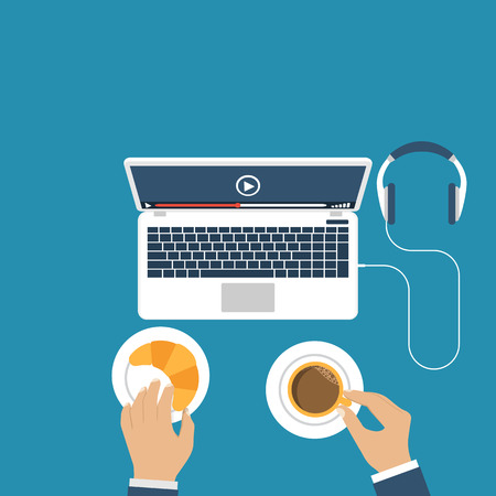 Man with a cup of coffee and a croissant watching a video on a laptop. Flat design, vector. Video streaming concept. Video player on the display. Icon stream video tv, web. Modern technologiesのイラスト素材