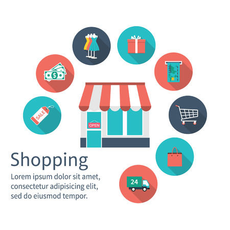 Shopping store with shopping icons, shopping concept. Online shopping and e-commerce. Flat design style, vector illustration. Online shopping, online store. Set icons shopping.のイラスト素材
