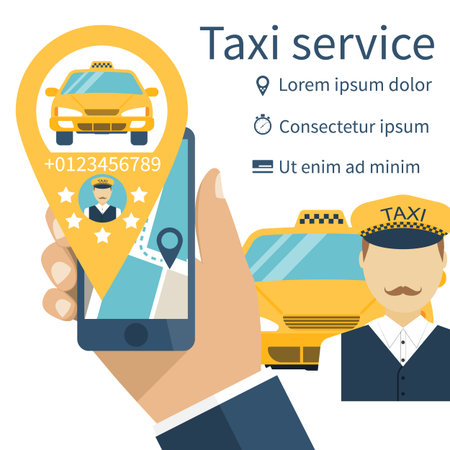 Mobile phone in hand with the app for an order of a taxi service. Vector illustration, flat design. Taxi call. Taxi service. Taxi driver. Cad. Man holding phone with map, taxi on map, route.のイラスト素材