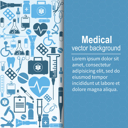 Medical background. Vector illustration. Health care and medical research. Space for text. Medical template. Background of the icons of medical equipment.のイラスト素材