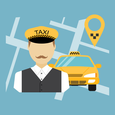 Taxi driver, taxi service, cab, taxi cab, cab driver, taxi cab driver. Flat design, vector illustrationのイラスト素材