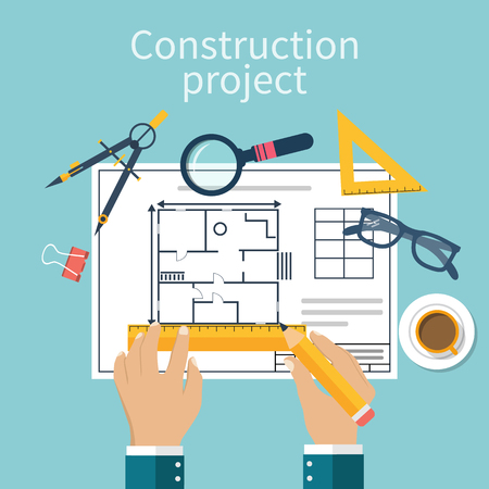 Architect designer for project drawings. Architectural project. Planning construction of house.  Vector, flat. Architect Hands with pencil and ruler. Architects workplace. Technical project.のイラスト素材