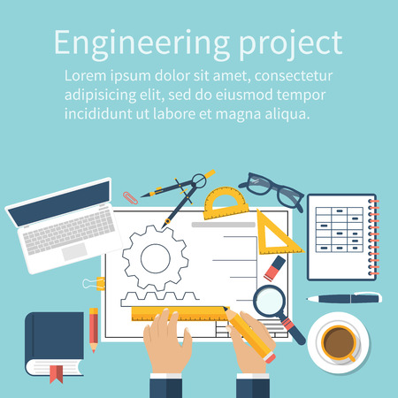 Illustration pour Engineer working on blueprint. Engineering drawing, technical scheme. Sketching gear, project. Engineer Designer in project. Drawings for production, engineering, manufacturing processes. Vector, flat - image libre de droit