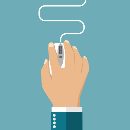 Hand on computer mouse. Computer mouse icon. Clicking with mouse concept. Vector illustration. Flat design style. Tools programmer, systems engineer, web designers, freelancersのイラスト素材