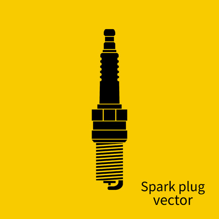Spark plug icon. Spare cars. Engine parts. Vector illustration. Black icon on a yellow background. It can be used as background element design for web and mobile app, print as logo of repairs carsのイラスト素材