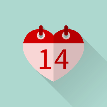 Valentines day calendar flat design. Page calendar in the form of heart. February 14 of Saint Valentines day. Icon calendar with long shadow.のイラスト素材