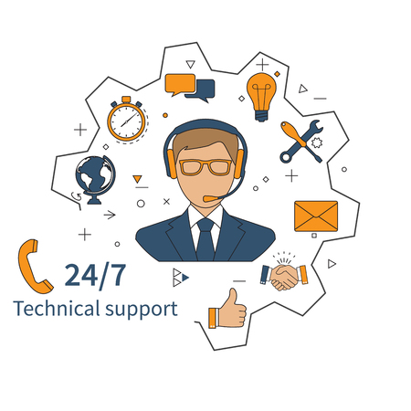 Customer service, technical support, customer support, technical service, call center. Vector illustration, flat design.のイラスト素材