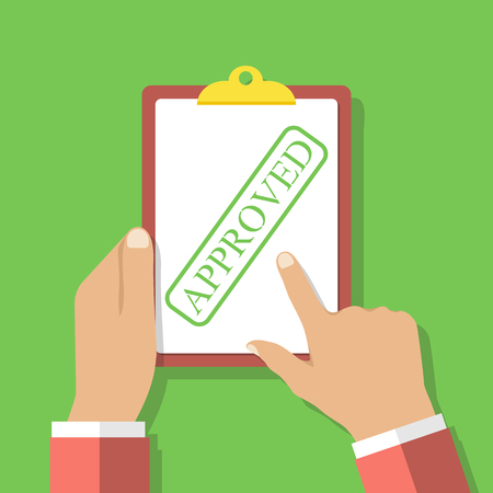 Clipboard stamped - Approved in the hands of men. Approved form vector. Concept approval document. Blank form with a seal. White list. Flat design style, vector illustration.のイラスト素材