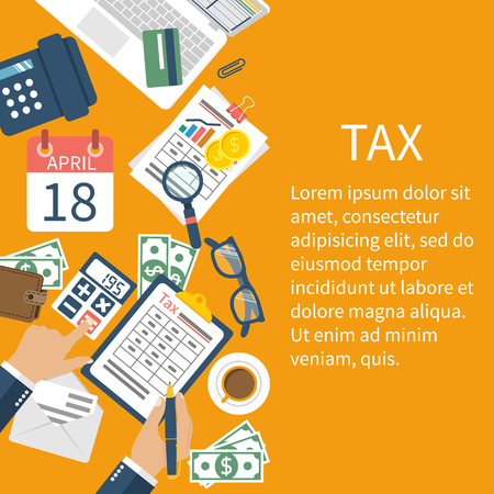 Tax payment. Government taxes. State taxes. Data analysis, paperwork, financial research, report. Businessman calculation tax. Calculation of tax return. Flat design. Tax form vector. Payment of debt.のイラスト素材