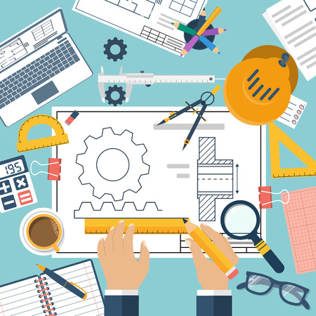 Engineer working on blueprint. Engineering drawing, technical scheme. Sketching gear, project. Engineer Designer in project. Drawings for production, engineering, manufacturing processes. Vector, flatのイラスト素材