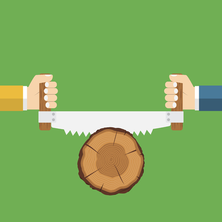 Two men sawing wood. Carpenters with saw in his hand. Vector illustration flat design. Carpentry work. Wood sectional. Cross section of tree. Lumberjack, cabinetmaker, woodworker. Lumberjack working.のイラスト素材