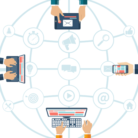 Social media network concept. People with a laptop, tablet, phone, computer in social network. Vector illustration flat design style. Set of icons SEO, digital marketing.のイラスト素材