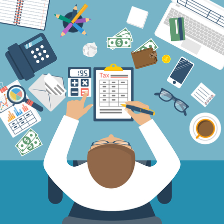 Tax payment. Government taxes. State taxes. Data analysis, paperwork, financial research, report. Businessman calculation tax. Calculation of tax return. Flat design. Tax form vector. Payment of debt.のイラスト素材