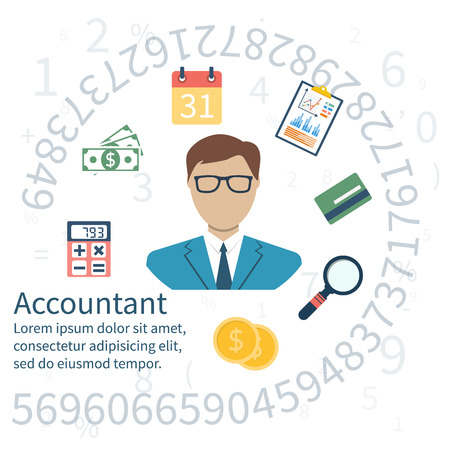 Accountant, businessman. Set icons flat design. Concept of accounting and calculation. Vector illustration. Man working with finances, reports, statistical, analysis, calculation of profit, income.のイラスト素材
