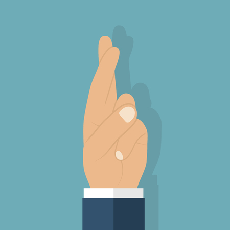Fingers crossed. Vector icon, flat design style. Symbol of hope, faith, strength, unity. Wish good luck. Superstitious gesture with his hands. Sign of fraud, liar.のイラスト素材