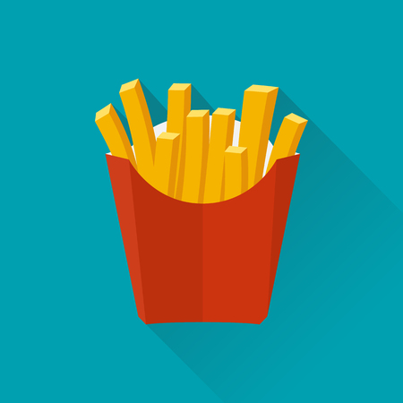 French fries. Vector illustration, flat design. French fries in paper box. French fries in isolated flat design with long shadow. French fries fast food. French fries in a red package.のイラスト素材