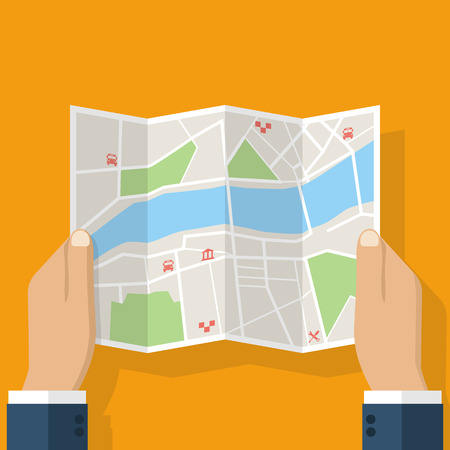 Hands holding map. Map paper in hands.のイラスト素材