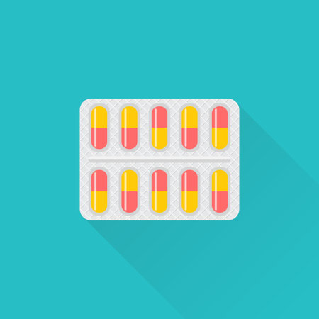 Blister pack of pills. Blister tablets. Healthcare concept. Capsule packaging. Vector illustration flat design. Medications. Accessory pharmacies and first aid kits.のイラスト素材