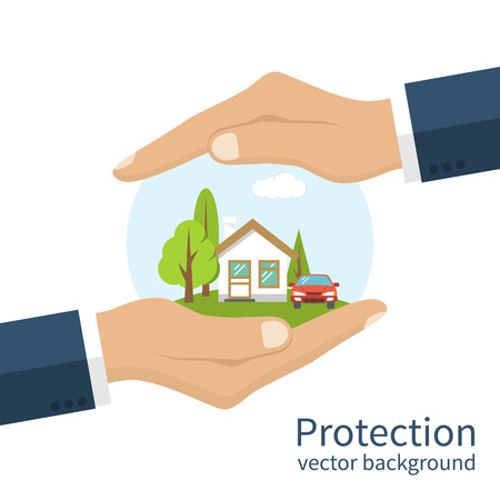 Concept security of property. Insurance home, car, money. Insurance agent holds in hand of house, protection from danger, providing security. Vector illustration flat design. Property insurance vectorのイラスト素材
