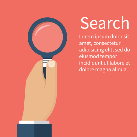 Man businessman holding a magnifying glass in hand. Search Concept. Magnifying glass in flat design vector illustrations. Glass, lupe. Use can be as design element for template information study.のイラスト素材