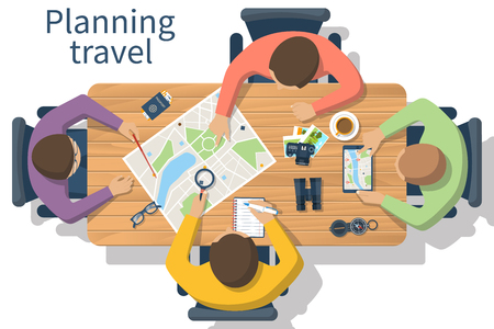 Travel planning, vector. Trip plan. Team of people at the table planning a tourist trip plan.  Planning vacation, search place for holiday. Vector illustration of a flat design style. Travel concept.のイラスト素材