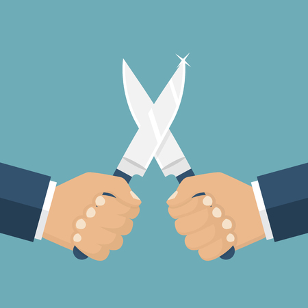 Fight with knives, vector illustration flat design. Man holding a knife in his hand. Concept war, struggle, competition. Knife in hand. Solution of conflict fight with knives. Aggression, violence.のイラスト素材