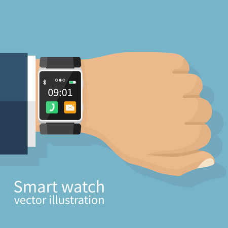 Smart watch on the hand of businessman, vector illustration flat design. Modern technologies, smart gadgets.のイラスト素材