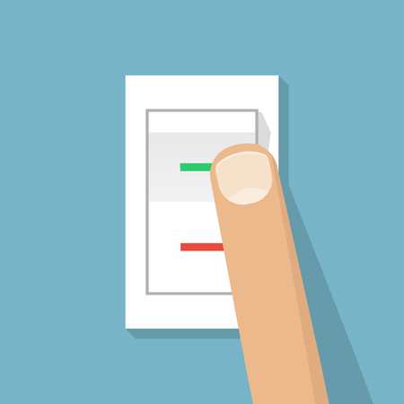 Finger presses the button switch. Vector illustration flat design style. Electric control switch by pressing a hand.のイラスト素材