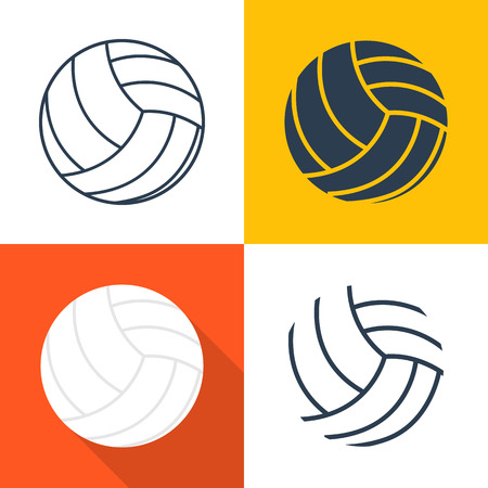Set icons volleyballs: black silhouette, outline of the ball, flat design with long shadow, line. Vector illustration. Sports Equipment. Isolated volleyball.のイラスト素材